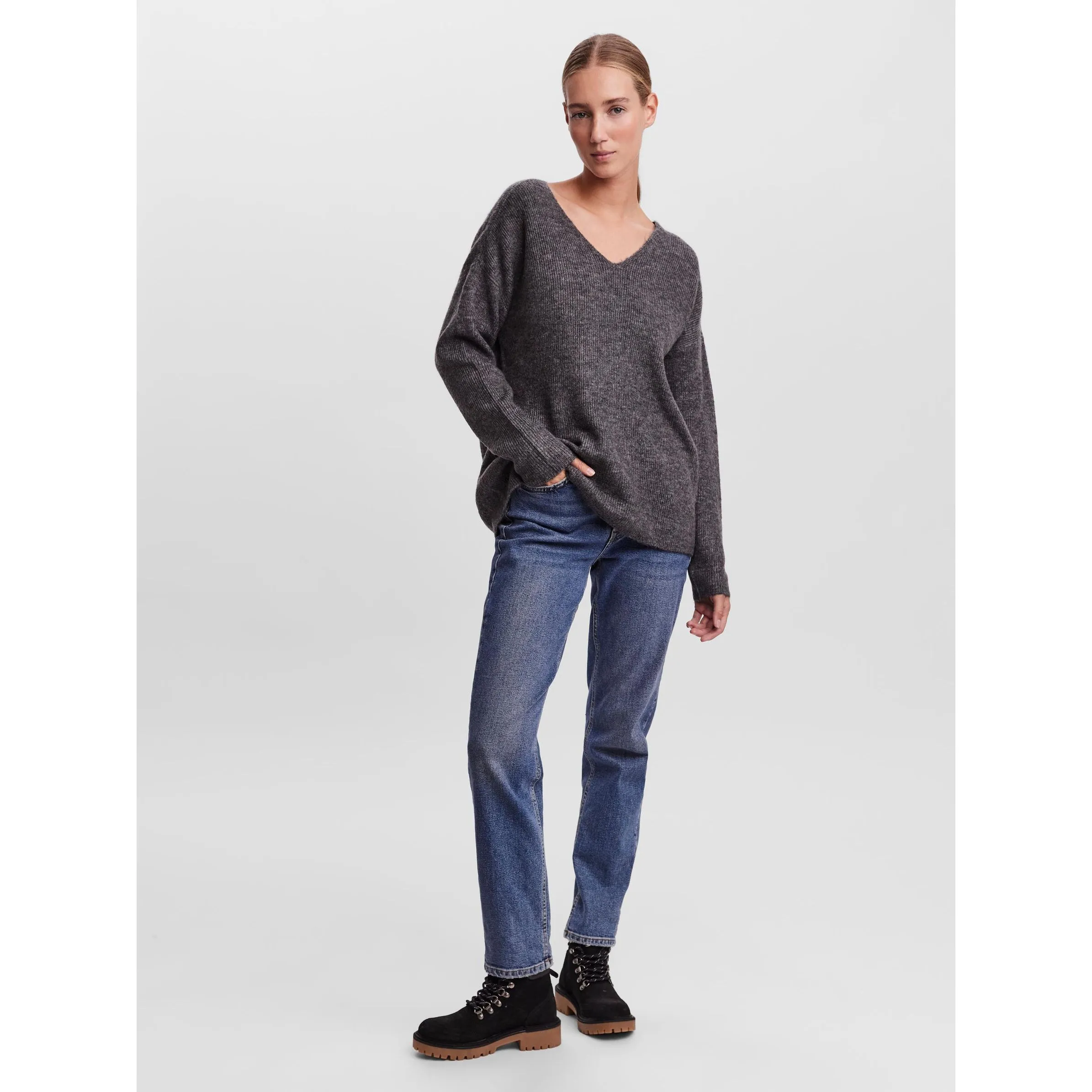 Vero Moda 10233357 VMCREWLEFILE LS V-NEC Grau 842583 178995 4