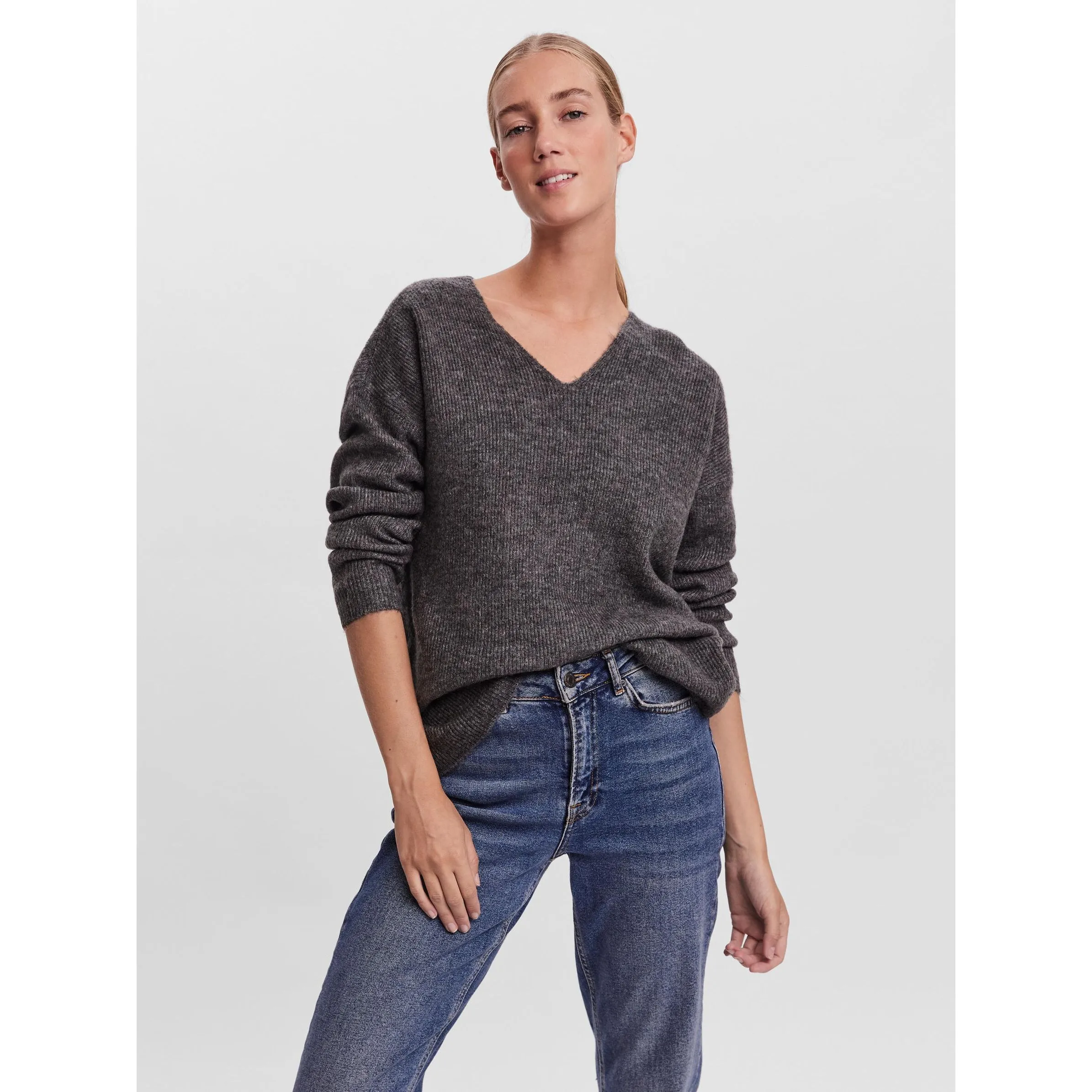 Vero Moda 10233357 VMCREWLEFILE LS V-NEC Grau 842583 178995 5